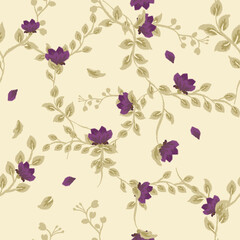 Delicate Beige and Purple Floral Vine  with Falling Petals seamless pattern vecter illustration  for decor greeting card, Wedding card, textile fablic,rug, bed sheet, beauty products or other.