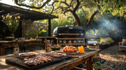 Rustic Outdoor Dining: Wooden Table and Smoking BBQ Grill in Garden Setting