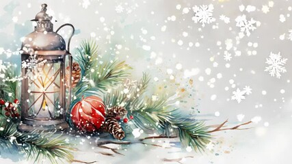 New Year's card with Christmas tree branches, red balls, lantern and falling snow - Powered by Adobe