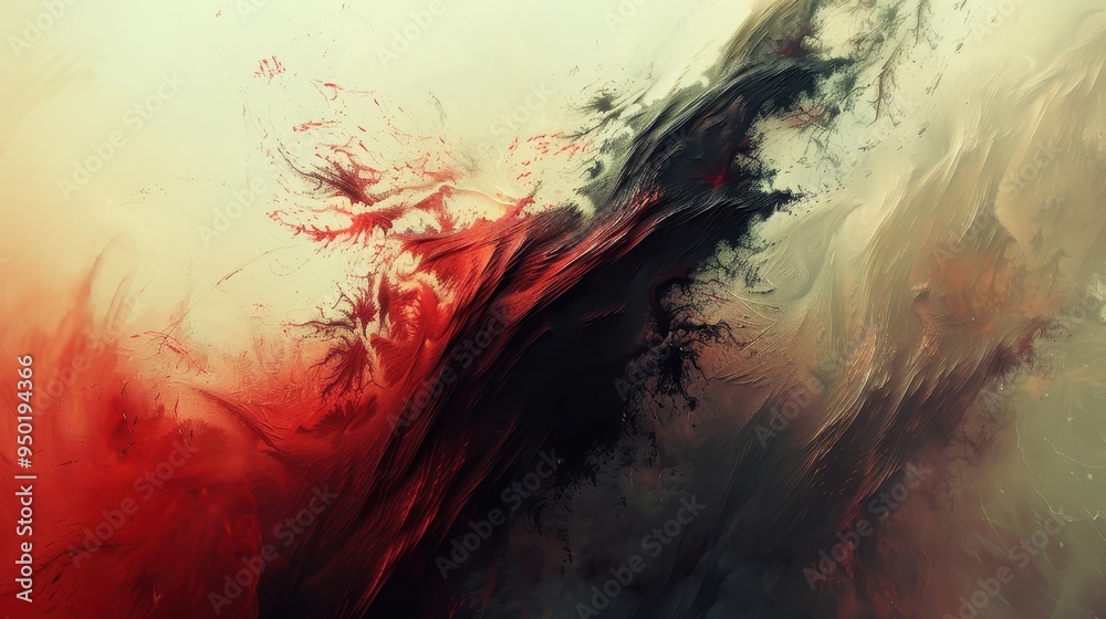 Poster dynamic abstract composition in red and black showcasing fluid shapes and textures
