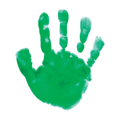 Green print of a child's hand drawn with paint. Green hand print vector icon isolated on white background.