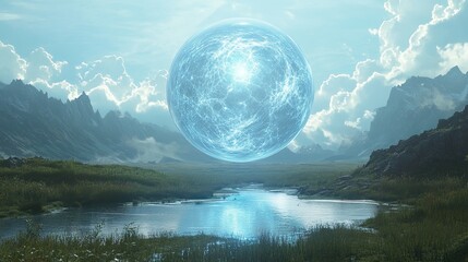 A floating energy sphere hovering above a natural landscape, its light illuminating the surroundings and creating a sense of awe and wonder.