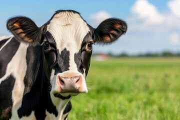 A cow is standing in a field with a blue sky in the background. The cow has a black and white face and is looking directly at the camera