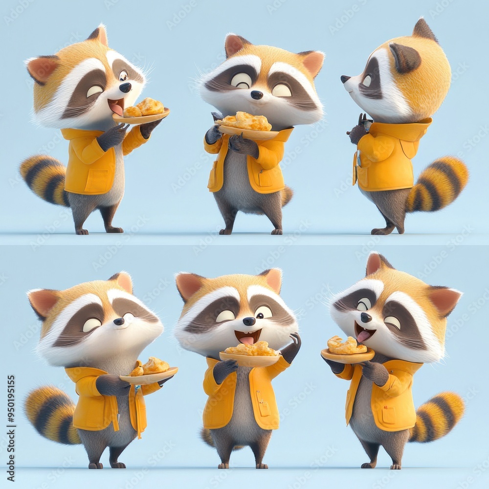 Poster A cheerful raccoon character in a yellow jacket enjoying food in various poses.