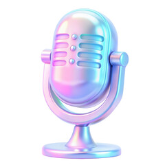 Retro-style holographic 3D microphone icon with a striking iridescent finish, capturing the essence of classic broadcasting in a modern design. Isolated on transparent background, png.