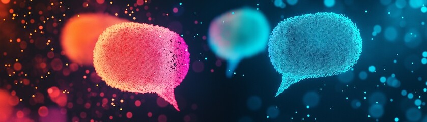 A glowing digital speech bubble made up of interconnected lines and points of light. 