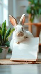White rabbit showing blank canvas in plant-filled home