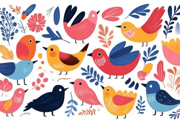 Fototapeta premium A colorful drawing of many birds with leaves and flowers. The birds are of different colors and sizes, and they are scattered throughout the image. Scene is cheerful and lively, with the birds