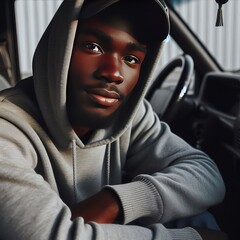 Male with Hoodie A young male driver wearing a grey hoodie and a