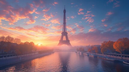 Majestic Eiffel Tower Silhouette against a Vibrant Sunset Sky in Paris