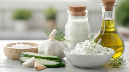 Making tzatziki with Greek yogurt, cucumber, garlic, and dill in a bright kitchen setting.