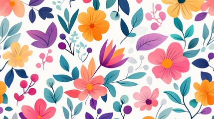 A colorful floral pattern with a white background. The flowers are in various shades of pink and purple, and the leaves are green. Scene is cheerful and vibrant, with a sense of freshness
