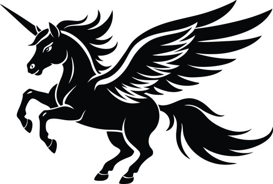recommend clip art: winged horse vector silhouette,  flying pegasus icon, unicorn silhouette