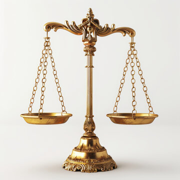 A gold scale with two chains hanging from it. The scale is balanced and he is a symbol of justice
