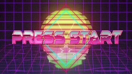 Press Start text animation over retro neon grid and sunset background