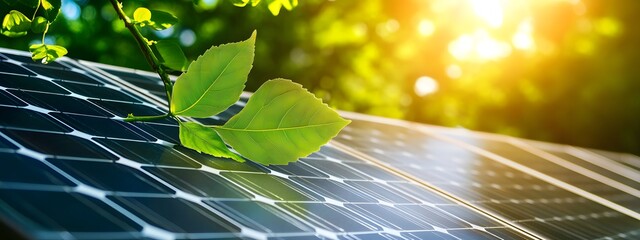 A close-up of solar panels with sunlight shining on them, and an isolated green leaf placed next to the panel