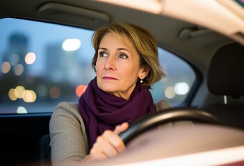 Middle aged woman with a thoughtful expression wearing a purple