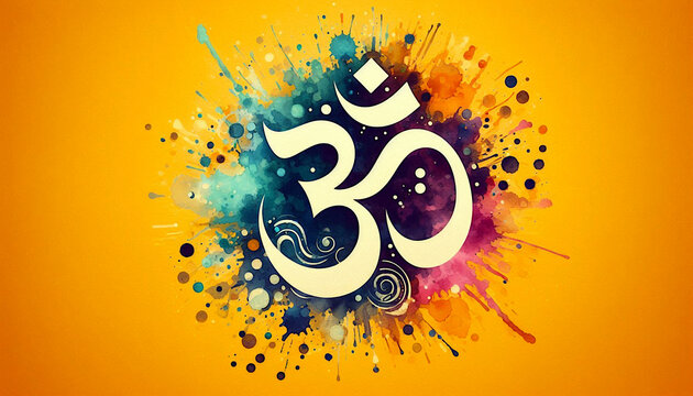 Indian Hinduism religious color splash design symbol golden text Om,aum,or oim meaning adoration to Hindu god,popular Hindu mantra,holy, peaceful background, religious background, religious symbols