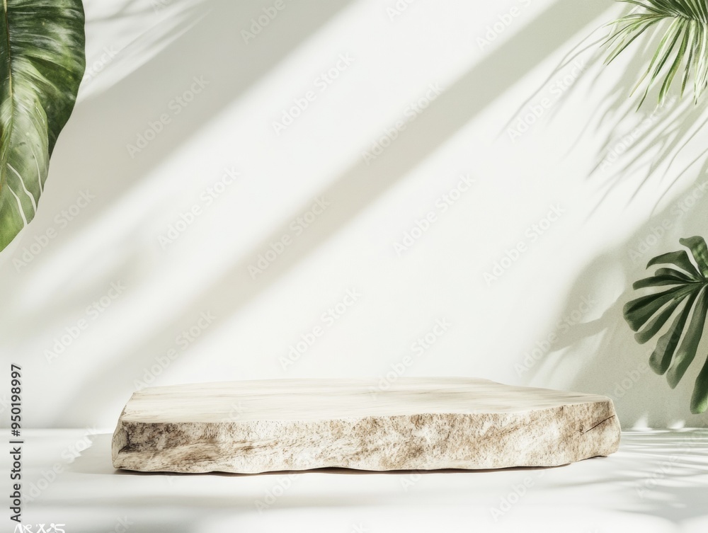 Poster minimalist raw wooden podium in soft white and light green daylight setting with mist effect for pro