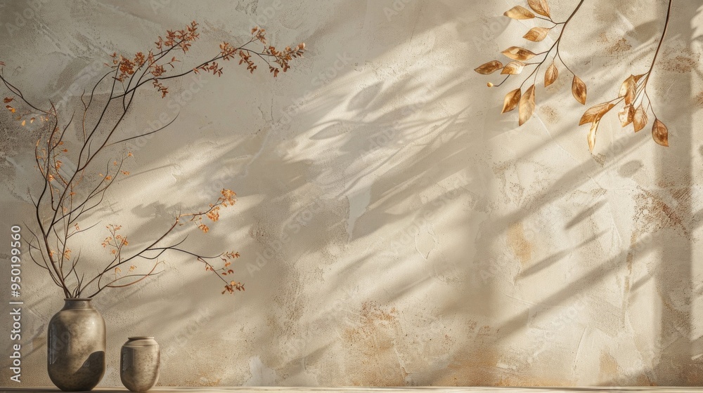 Poster A vase with a branch in it sits on a table in front of a wall with a leafy patte
