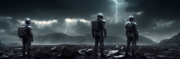 Fototapeta premium The miners of the future, exploring devastated land where natural resources were extracted by the mining industry. Damage to mother earth, digital painting