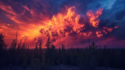 Fototapeta premium Fiery sunset over a forest blaze with smoke clouds rising in the evening sky
