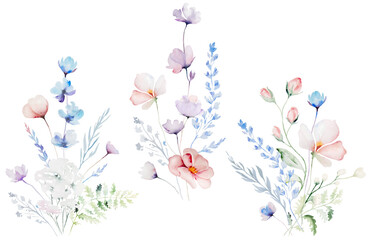 Bouquets made with watercolor pastel wild flowers and leaves,  hand drawn wedding illustration