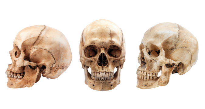 Human skulls isolated on white background, showing detailed features and anatomical structure with clear visibility