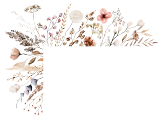 Frame with watercolor wild flowers and leaves, Brown and beige wedding illustration