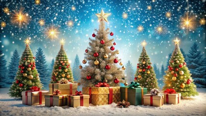 Festive Christmas scene with gift-wrapped presents, snowflakes falling, decorated trees, Christmas, festive, scene