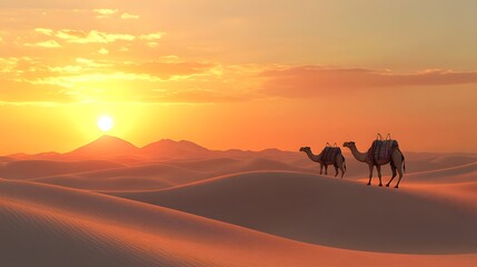 Camel caravan desert sunset towering sand dunes lone oasis warm golden hour lighting soft diffused edges realistic 3D sand dunes