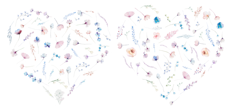 Hearts made with watercolor pastel wild flowers and leaves,  hand drawn wedding illustration