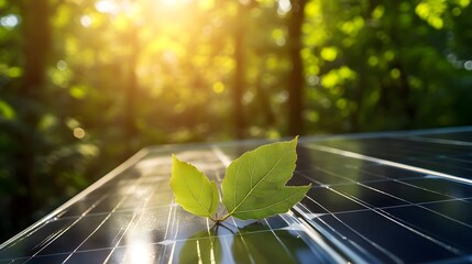 A close-up of solar panels with sunlight shining on them, and an isolated green leaf placed next to the panel