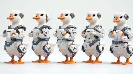 Fototapeta premium A lineup of robotic ducks in futuristic suits, showcasing a blend of technology and whimsy.