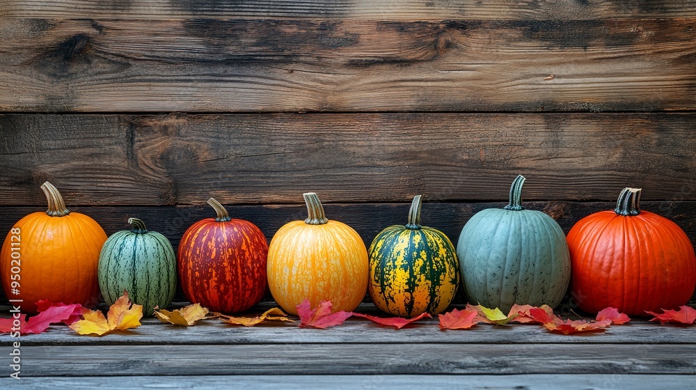 Canvas Prints A colorful display of pumpkins, pumpkins and leaves sitting in a row on wooden background. Space for text. 