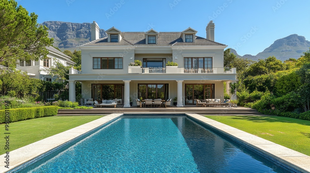 Aufkleber a large house with a pool and a view of mountains