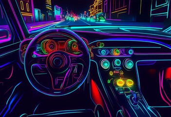 neon art the driver and controls are outlined in glowing neon co