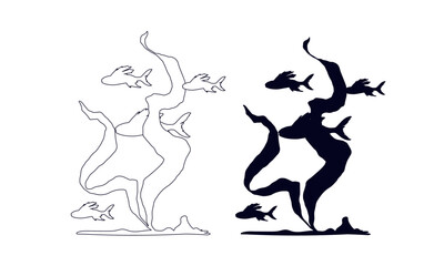 Line sketch, outline, silhouette of seaweed and a school of fish. Vector graphics.