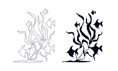 Line sketch, outline, silhouette of seaweed and a school of fish. Vector graphics.