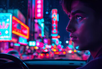 neon dreams vibrant city nightlife backdrop drivers eyes reflect