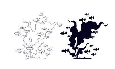Line sketch, outline, silhouette of seaweed and a school of fish. Vector graphics.