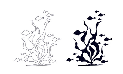 Line sketch, outline, silhouette of seaweed and a school of fish. Vector graphics.