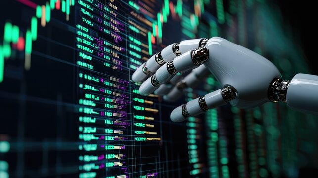 close-up, a modern ai robot's hand touching a digital screen with complex stock trading software