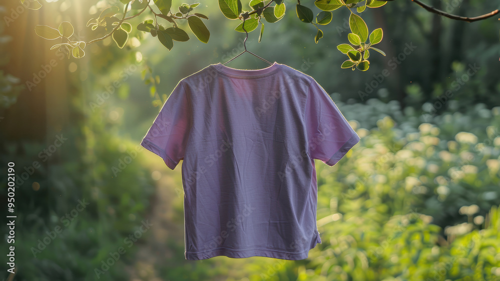 Canvas Prints A purple shirt is hanging from a tree branch. The shirt is hanging in the sun, and the light is shining on it. Scene is peaceful and serene, as the shirt is hanging in a natural setting