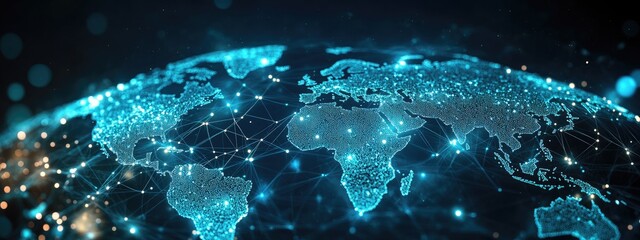 Tech-Inspired World Map with Glowing Connections on a Dark Background