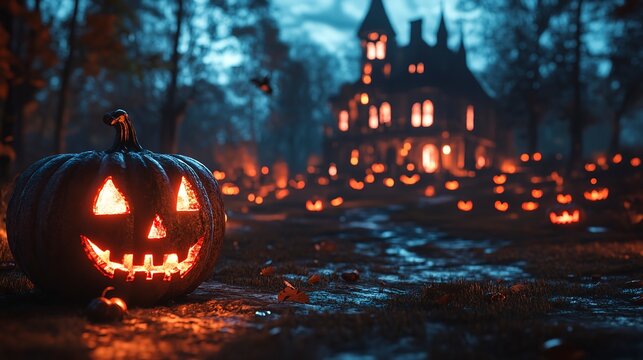 Halloween background with pumpkins and haunted house - 3D render. Halloween background with Evil Pumpkin. Spooky scary dark Night forest. Holiday event halloween banner background concept
