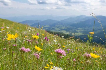 Fototapeta premium Scenic Daytime Mountain Views with Colorful Flower Meadows Amidst Caucasian Adults Enjoying Nature in a Serene Mood