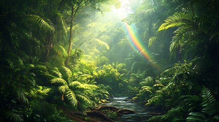 Fototapeta premium A lush tropical rainforest with a dense canopy, ferns, and a rainbow arching over the scene