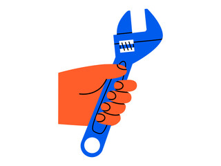 Hand drawn cute cartoon illustration hand adjustable wrench or spanner instrument. Flat vector repair tool in arm colored doodle style. Support service hardware icon. Settings or fix problem. Isolated