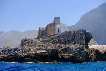 Sciere tower from the sea in San Vito lo Capo on sunny day. High quality photo